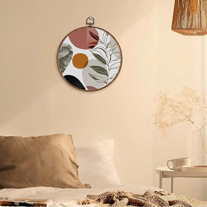 365CUSGIFTS Boho Geometric Sun Leaf Round Wall Art,Framed 10x10 Canvas Print for Reading Nook, Library, or Bedroom, Hanging Decor, Gift for family, relatives, lovers and friends