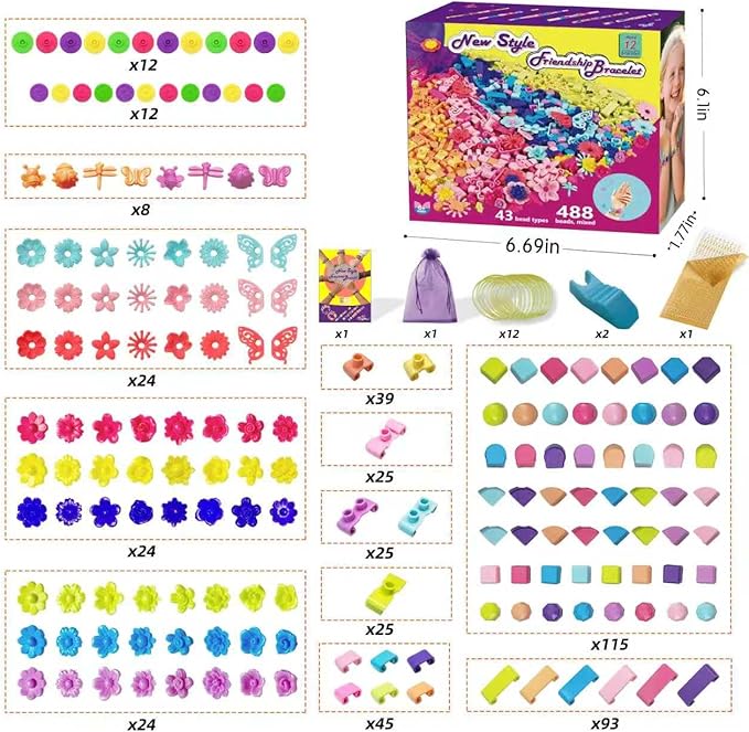 BOLVISEP Friendship Bracelet Making Kit for Girls, 6-12 Year Old Girl Christmas Birthday Gifts, Arts and Crafts Kits for Kids, Kid Rubber Band Bracelet Making Kit with Charm (Butterfly&Flower) 488PCS