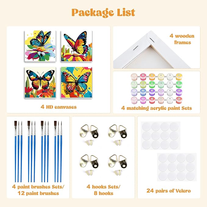 MXJSUA 4 Pack Colorful Butterflies Framed Canvas Paint by Numbers for Kids Adults, Animals Paint by Numbers Kit for Children Beginners, DIY Acrylic Painting Craft Kits for Home Wall Decor, 8x8 inch