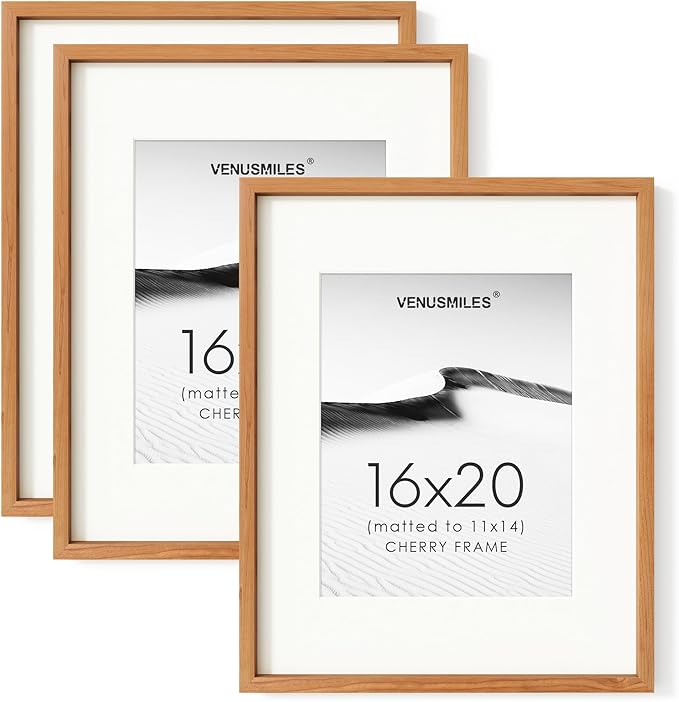 16 x 20 Picture Frame Set of 3, USA-Sourced Natural Cherry Wood Photo Collage Frame with HD Tempered Glass, Modern Simple 16x20 Wooden Frame Matted to 11x14, Vertical & Horizontal Wall Hanging Display