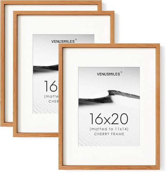 16 x 20 Picture Frame Set of 3, USA-Sourced Natural Cherry Wood Photo Collage Frame with HD Tempered Glass, Modern Simple 16x20 Wooden Frame Matted to 11x14, Vertical & Horizontal Wall Hanging Display