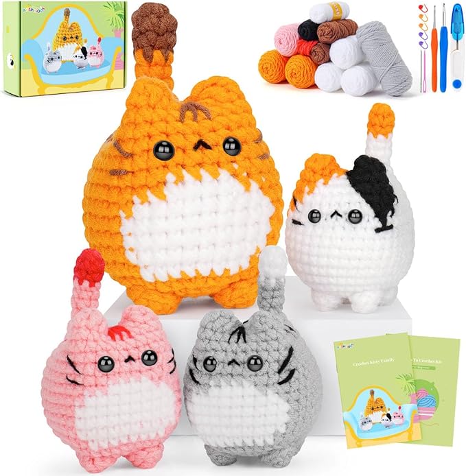Crochet Kit for Beginners-4PCS Cat Crochet Kits for Adults, Crochet Starter Kit with Step-by-Step Video Tutorials, Crochet Animals Kits DIY Craft Knitting Kit Learn to Crochet Kits for Adults