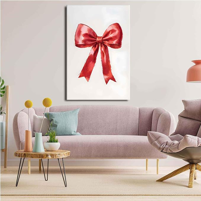 Canvas Wall Art Vintage Red Christmas Bow Wall Art Winter Home Decor Red Bow Print Holiday Christmas Decor 12x18in-UnFramed