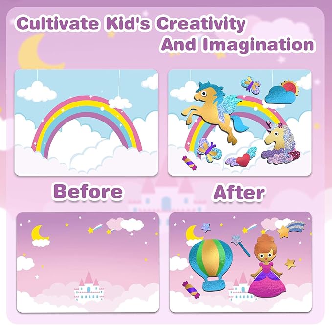 SOOVSY 200 Sheets Princesses & Unicorns Foil Art Fun Kit for Kids, Foil Art Craft DIY Creative Activity Gift Travel Toys for 4 5 6 7 8 9 Years Old Kids Girls Boys(Unicorns & Princesses)