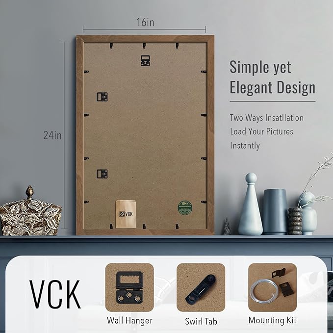 VCK 16x24 Poster Frame 3 Pack - Brown Walnut, Natural Textured Solid Wood Picture Frame, Wall Gallery Frame
