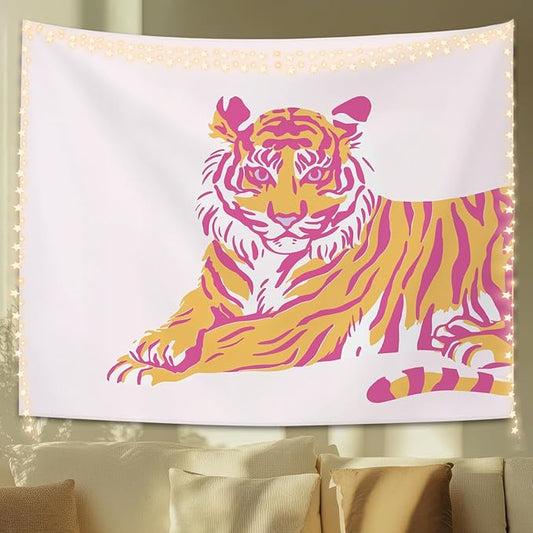 STHTTSW Pink Tiger Dorm Tapestry Aesthetic, Trendy Funky Preppy Tiger Tapestries, Pink and Orange Room Decor, Cute Girly Wall Hanging Decor for Teen Girl Women College Bedroom, 50x60 Inch