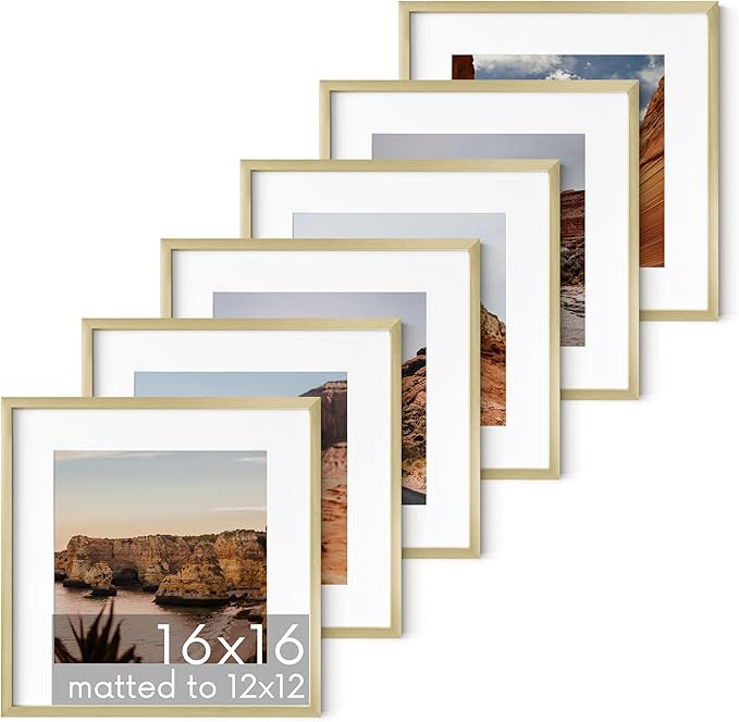 HAUS AND HUES 16x16 Gold Metal Picture Frames Matted to 12x12 - Premium Aluminum with Hanging Hardware, Shatterproof Plexiglass - Ideal for Home or Office (16x16 in, Gold, Set of 6)