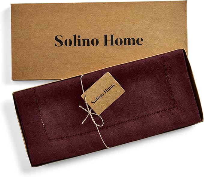 Solino Home Linen Burgundy Table Runner 144 Inches Long - 100% Pure Linen Extra Long Table Runner 14 x 144 Inch for Valentines, Winter - Classic Hemstitch