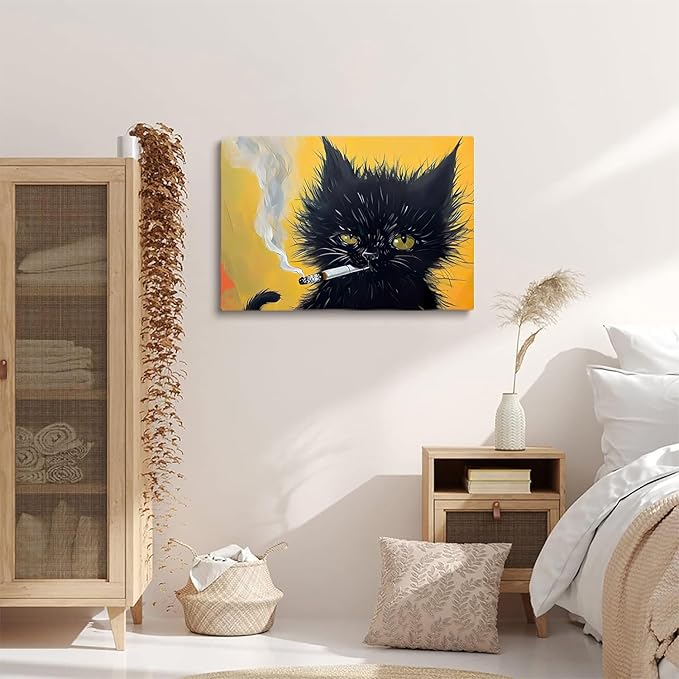 Black Cat Painting, Cat Smoking A Cigarette, Cat Wall Art, Black Long Hair Cat Print,Cat Print, Cat Portrait, Unique Gift, Black Kitten Painting,Cat Lover Room Decor, Cat House Decor20x30Unframed