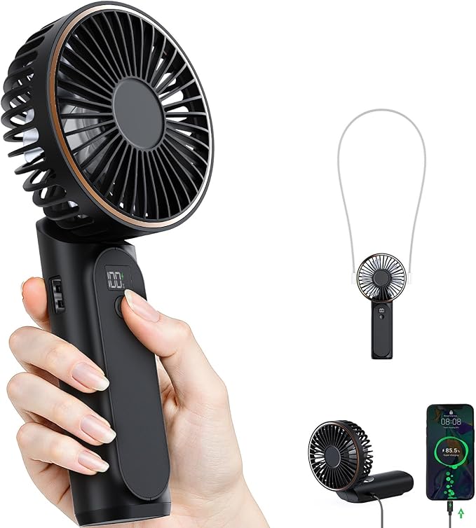 Portable Handheld Fan, Portable Fan Rechargeable, 4000mAh, 180° Adjustable, 6 Speed Wind, Display Electricity in Real Time, USB Rechargeable Foldable F an, Quiet Personal Fan as Power Bank