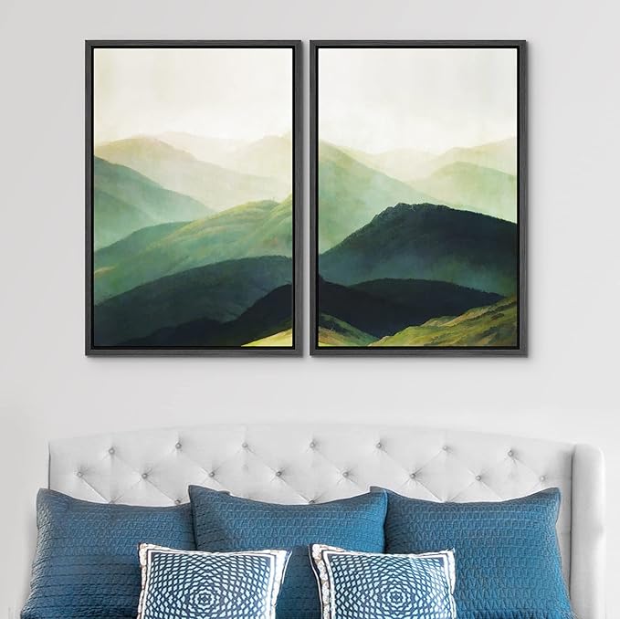 SIGNWIN Framed Canvas Print Wall Art Set Green Mountain Range Forest Landscape Nature Wilderness Digital Art Modern Art Floral Rustic Decorative for Living Room, Bedroom, Office - 24"x36"x2 Black