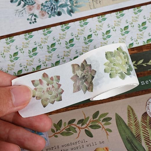 18 Rolls Vintage Washi Tape Set, Mushroom Flower Plants Decorative Tape, 5/10/15/20/25/30/50/75mm Wide Adhesive Tape for Bullet Journaling, DIY Crafts, Scrapbooking Supplies (Green)