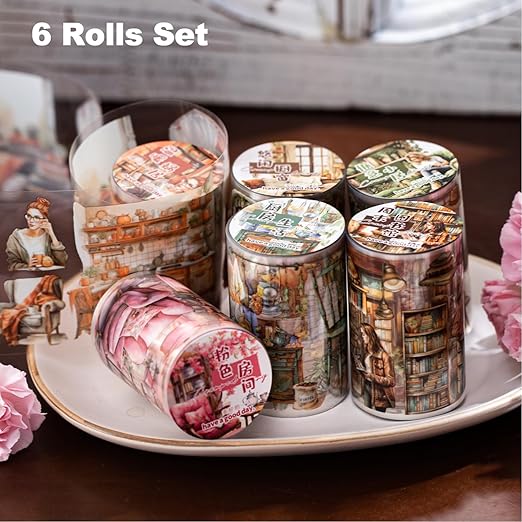 6Pcs Living Theme PET Tapes, Home Tapes for Journaling, Scrapbook Supplies, and Junk Journal Ephemera, with Decorative Clip