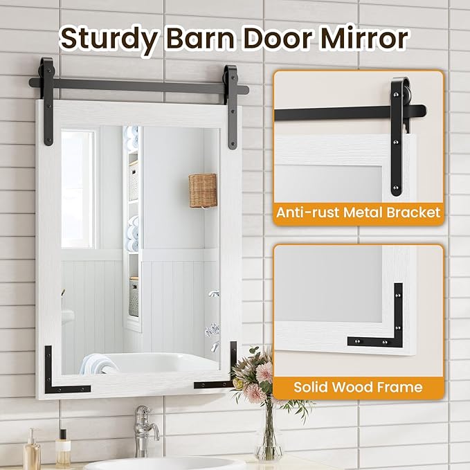 22x30 Inch White Farmhouse Barn Door Mirror with Solid Wood Frame, Shatterproof Glass, No Assembly Required – Perfect for Farmhouse Style Decor