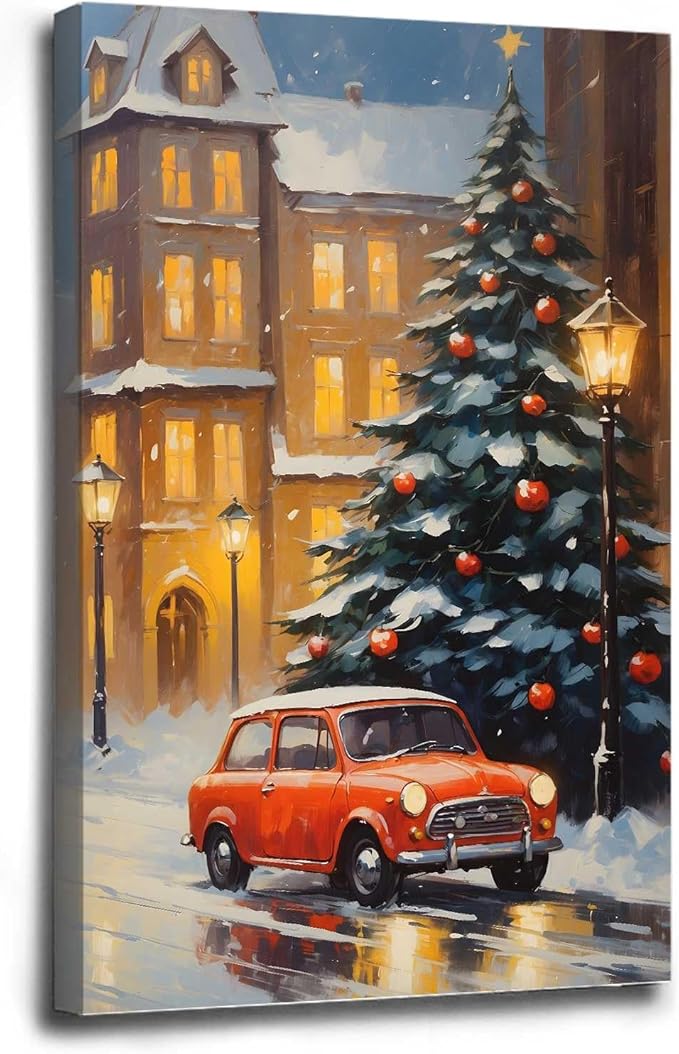 Framed Canvas Wall Art Snowy Christmas tree and red car art print Christmas in the city classic timeless red car snow cosy winters day 8x12in Wood Framed