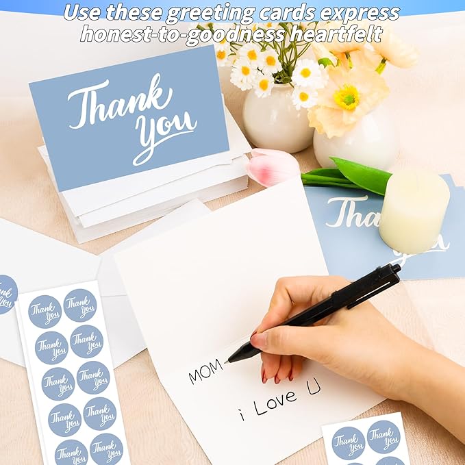 600 Pcs Blue Thank You Cards Bulk with White Envelopes and Stickers 4x6 Inch Blank Thank You Notes Box Set Minimalistic Design for Business Wedding Baby Shower Graduation Bridal Shower Funeral