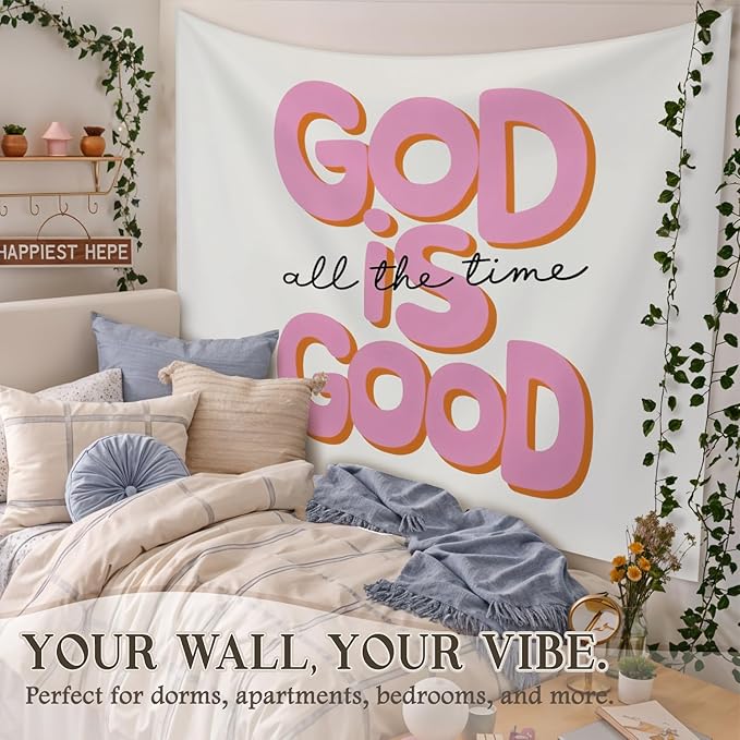 STHTTSW God Is Good All the Time Tapestry, Pink Christian Tapestries Wall Blanket, Retro Bible Wall Hanging Decor for Teen Girl Women Bedroom Home Church Prayer Room, 50x60 Inch