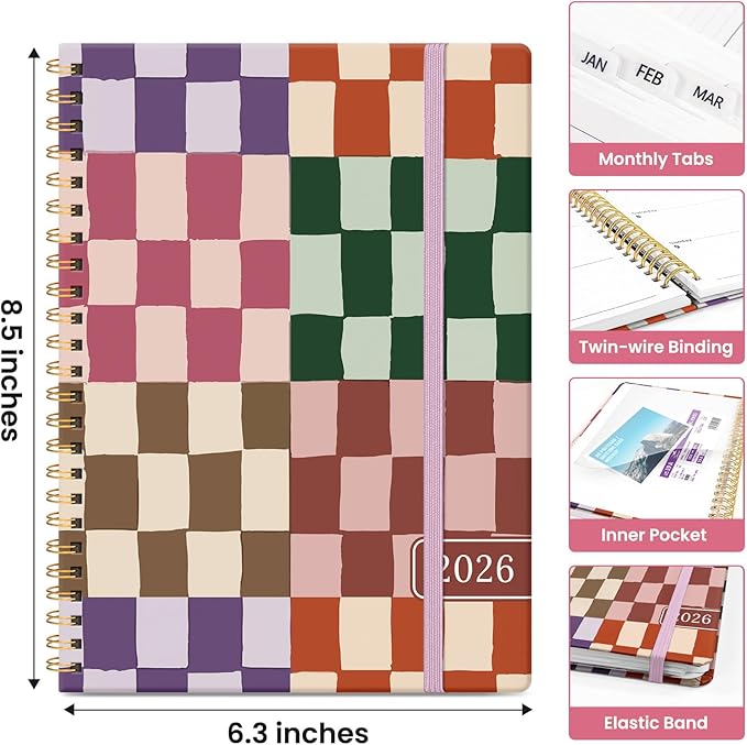 2026 Planner, Weekly and Monthly Calendar Planner for Women, Jan 2026 - Dec 2026, Hardcover Planning Agenda book with Tabs, Spiral Bound, Inner Pocket, Perfect for School Office Supplies, 6.3" x 8.5" - Checkered