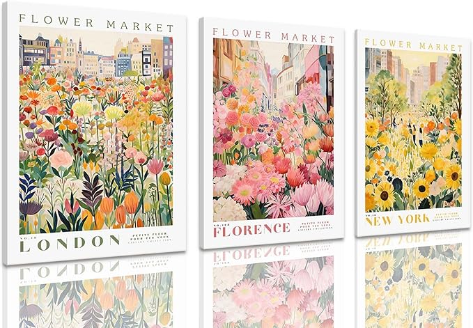 XLARTMY Flower Market Wall Art Print Canvas Framed Yellow Pink Floral Paintings Colorful Botanical Sunflower Artwork Travel Poster for Decor Picture 3 pieces for Living Room Bedroom Bathroom 12x16in