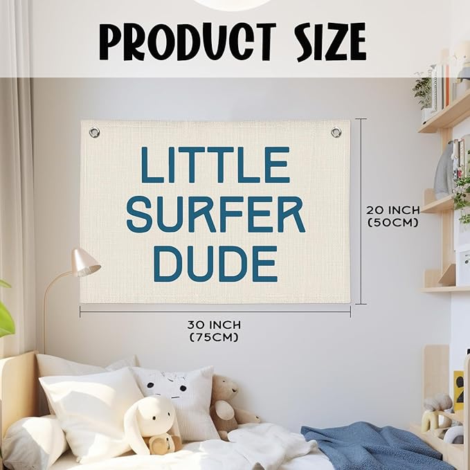 Coastal Summer Beach Surf Decor, Boys Beach Room Decor Aesthetic, Little Surfer Dude Linen Banner Wall Hanging Banner Flag 20x30 Inch