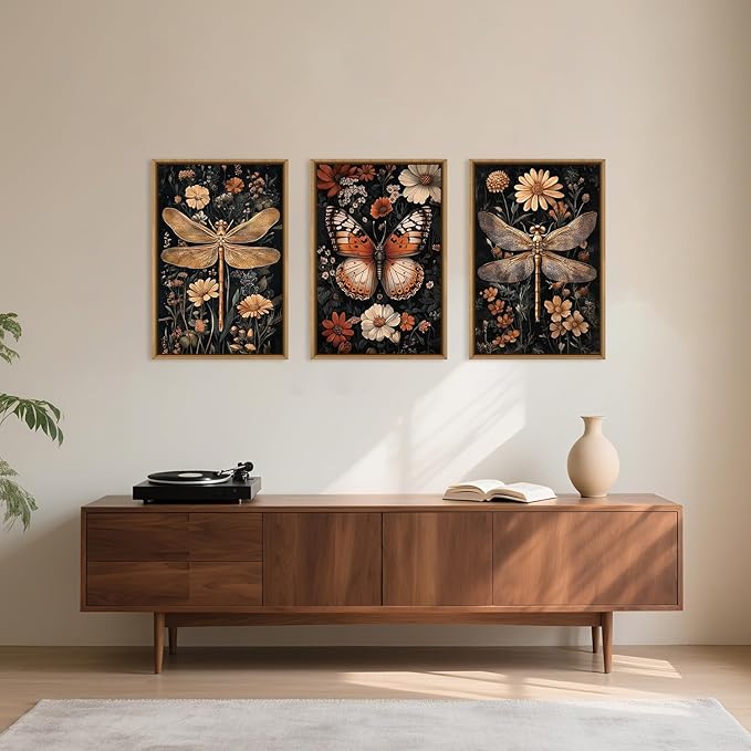 Aryroi Large Vintage Butterfly and Dragonfly Wall Decor Framed Canvas Wall Art,Retro Dark Animal Floral Wall Decor, Moody Insect Wildflowers Botanical Artwork for Living Room,Bedroom,office-16 x24 x3