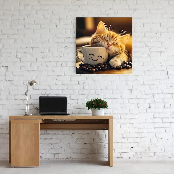 Cat and Cup Diamond Art Kits for Adults, 5D Diamond Painting for Adult Beginners, DIY Full Drill Round Gem Painting Dot Art for Adults，Home Wall Decor 13.78x13.78 Inch