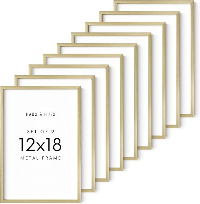 HAUS AND HUES 12x18 Gold Metal Picture Frames - Premium Aluminum with Vertical & Horizontal Hanging, Shatterproof Plexiglass - Perfect for Home, Office (12x18 in, Gold, Set of 9)