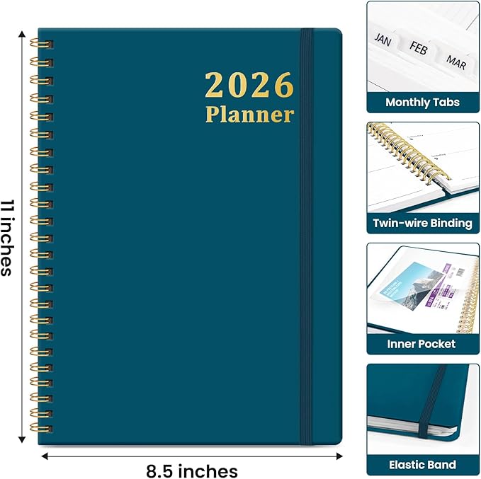 2026 Planner, Weekly and Monthly Calendar Planner for Women, Jan 2026 - Dec 2026, Hardcover Planning Agenda book with Tabs, Spiral Bound, Inner Pocket, Perfect for School Office Supplies, 8.5" x 11" - Pine Emerald