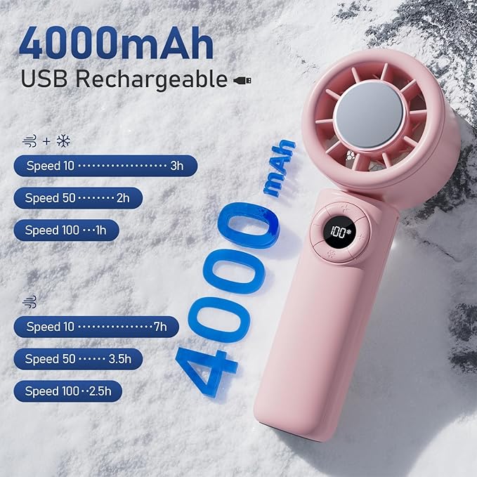 CIVPOWER Handheld Fan: Portable Small Ice Cooling Plate- 4000mAh Rechargeable 100 Gear High-Speed Turbo 10500 RPM - Personal Foldable Battery Operated for Travel Indoor Outdoor Women Men (Pink)