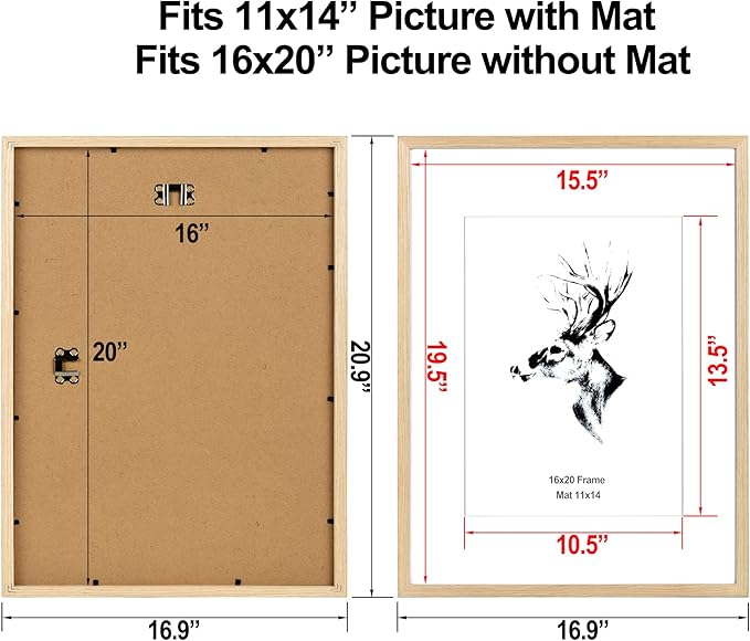 Yaetm 16x20 Picture Frame Matted to 11x14 Set of 4, Natural Solid Oak Wood 16x20 Frame for Gallery Wall, Photos, Posters & Art Prints, Horizontal and Vertical Wall Mount (4 pack, Oak)