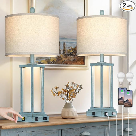 27" Tall Vintage Table Lamp Set of 2 with USB C+A & Outlet,Nightstand Lamp for Living Room,Coastal Bedside Lamps with Frosted Glass Night Light for Bedroom Entryway,Blue