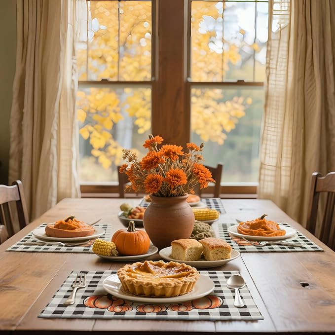 MANSPHIL Gray Buffalo Plaid Thanksgiving Placemats Set of 4 - Fall Fabric Table Place Mats for Autumn Harvest Decor Dining Kitchen Washable Wrinkle Free 13x19 Inch