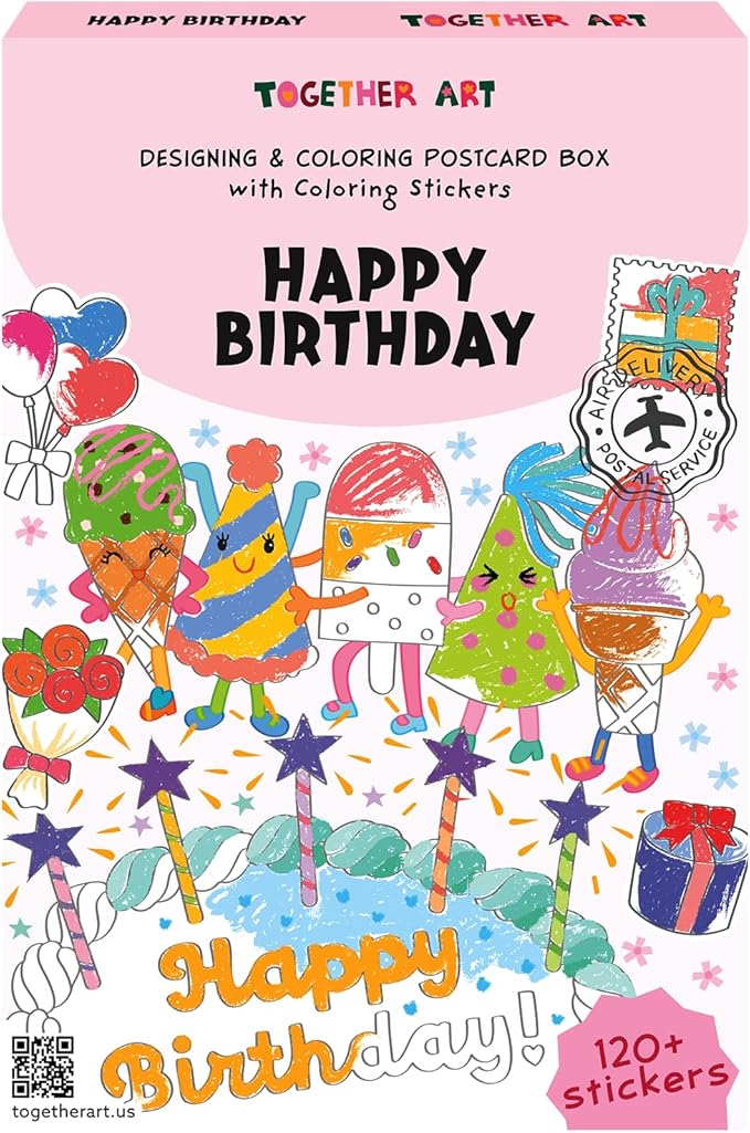 Together Art Happy Birthday Card Art Kit – DIY Sticker Coloring Craft Kit for Kids | DIY Color Your Own Stickers & Create Your Message | Birthday Card Coloring Sheets & Art Activity Gift