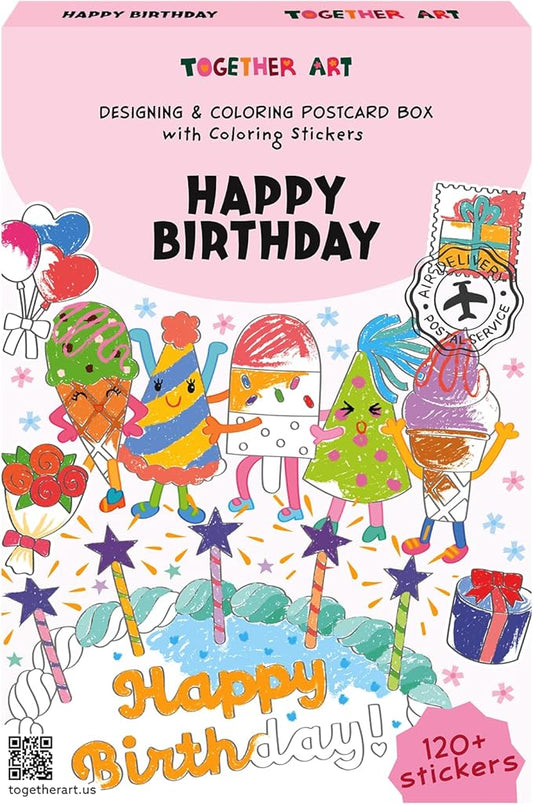Together Art Happy Birthday Card Art Kit – DIY Sticker Coloring Craft Kit for Kids | DIY Color Your Own Stickers & Create Your Message | Birthday Card Coloring Sheets & Art Activity Gift