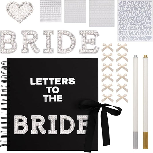 BINBE 8 x 8 Inch Letters to The Bride Scrapbook Kit DIY Blank Paper Scrapbook Photo Album Wedding Memory Book Bridal Guest Book Sign with Pearl Stickers, Letter Patches, Bows Black