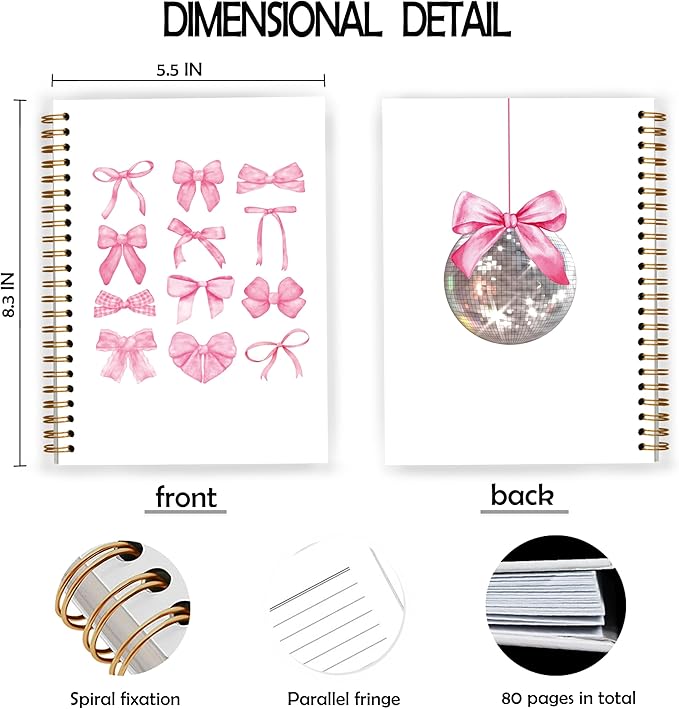 Coquette Bow Y2K Notebook, Pink Girly Trendy Funky Disco Ball Spiral Notebook 5.5x8.3, Preppy Aesthetic Journal for Women, Coquette Office Supplies, Spiral Journal
