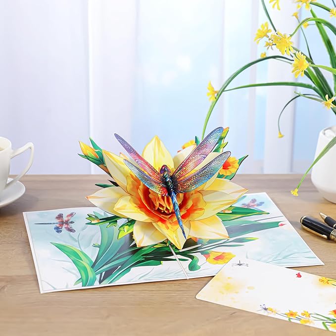 Dragonfly & Daffodils Flower Pop Up Card, 3D Birthday Card for Women, Mom, Gift for Birthday, Mothers Day, Valentines, Thank You, All Occasion for Her, Wife, Grandma, Sister, Daughter, Girlfriends