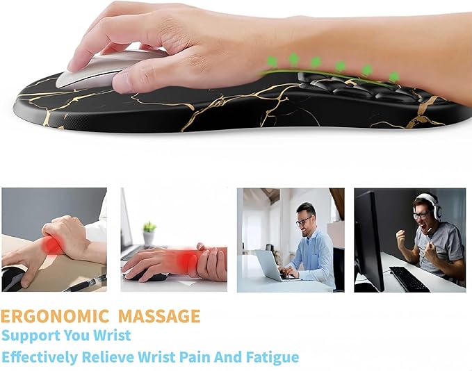 Ergonomic Mouse Pad Wrist Support,Black Barble Wrist Rest Mousepad for Carpal Tunnel Pain Relief,Integrated Memory Foam Slope Massage Bulge Design