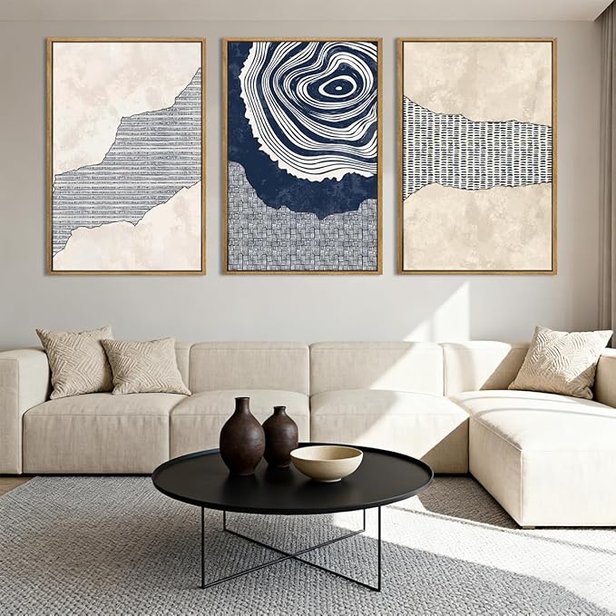 Anyzal Large Navy Blue Tree Rings Wall Art Framed Modern Abstract Neutral Paintings Artwork for Living Room Bedroom Office 16x24 Inch Set of 3