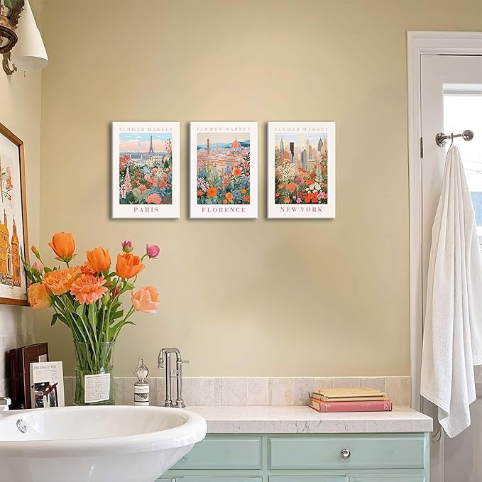 XLARTMY Flower Market Wall Art Prints Canvas Orange and Pink Floral Paintings Colorful Botanical Travel Flower Posters for Home Decor Pictures Set of 3 for Living Room Bedroom 12x16in