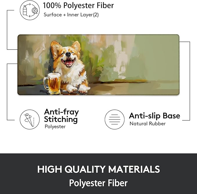 Corgi Dog Beer Gaming Mouse Pad, Mouse Pad, Desk Mat, Non-Slip Rubber Base MousePads for Computers Laptop Office School Home Accessories Decor Gifts 31.5" x 11.8"
