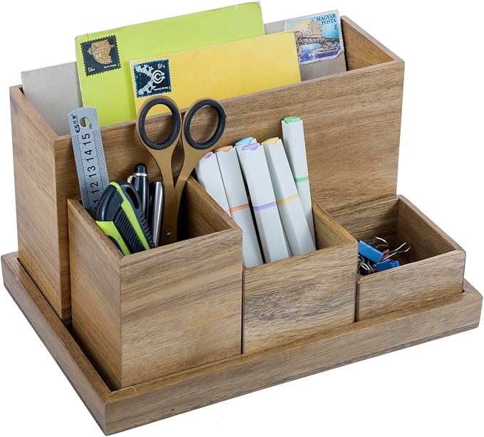 MyGift Wood Desktop Organizer, 5 Piece Premium Acacia Solid Wood Modular Desk Organizer Set with Mail Holder, Pen Holder, Paper Tray for Office Supplies, Home and Office Use