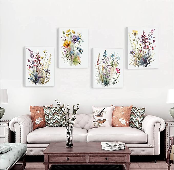 Framed Colorful Wildflower Art,Botanical Plant Leaves Canvas Wall art,Watercolor Minimalist Wildflowers Art Print,Watercolor Blooming Floral Flower Artwork for Garden Farmhouse Decor Set of 6(8"x10")