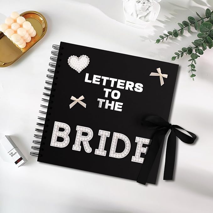 BINBE 8 x 8 Inch Letters to The Bride Scrapbook Kit DIY Blank Paper Scrapbook Photo Album Wedding Memory Book Bridal Guest Book Sign with Pearl Stickers, Letter Patches, Bows Black