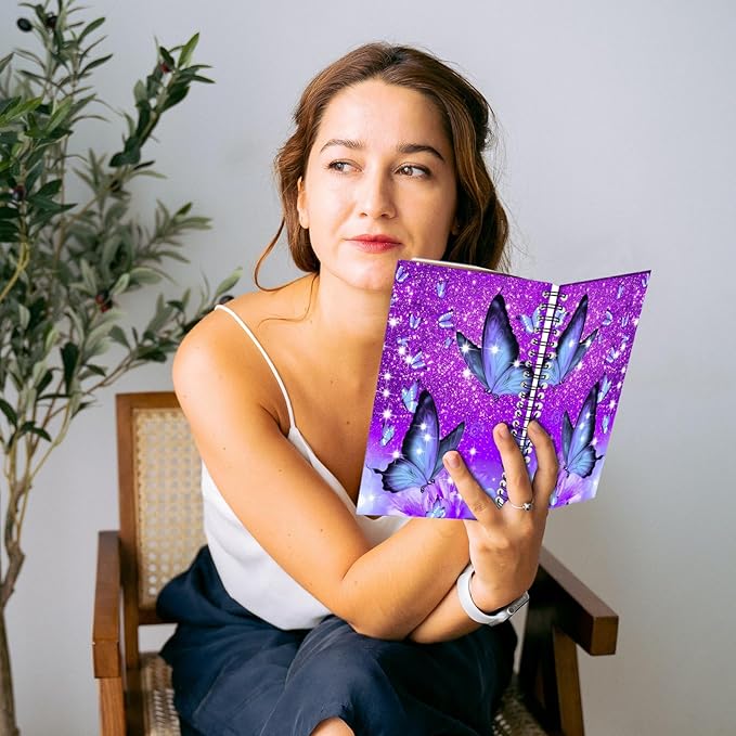 Spiral Notebook,Hardcover Journal Wide Ruled Spiral Notebook,A5 5.5 x 8.3 Inch,80GSM Thick Paper 60 Sheets 120 Pages for Girls Women School Office Aesthetic Cute-Purple Butterfly