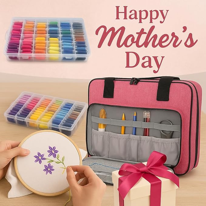 ATTERET Full Range Embroidery and Cross Stitch Starter Kit with Premium Storage Organizer Bag, Includes 99 DMC Coded Cotton Threads, 9 Metallic Floss, 3 Hoops, Needles, Scissors + More (Pink)