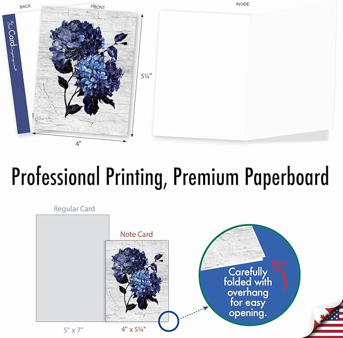 The Best Card Company - 10 Blank Note Cards with Envelopes (4 x 5.12 Inch) - Bulk All Occasion Cards Boxed - Driftwood Indigo Flowers AM6825OCB-B1x10