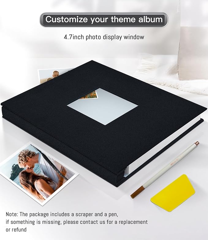 Popotop Photo Album Self Adhesive with Picture Display Window,40 Pages DIY Scrapbooking Supplies Kit for 4x6 10x12 Picture,Linen Cover Memory Book for Baby Wedding, with Scraper and Metallic Pen