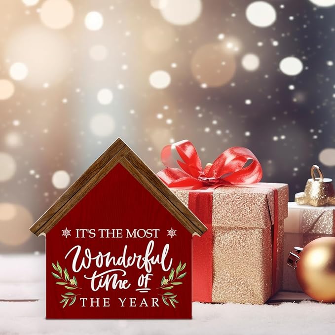 It's the Most Wonderful Time of the Year House Shaped Wood Sign, Rustic Christmas Decor for Farmhouse Home Office Kitchen Bathroom