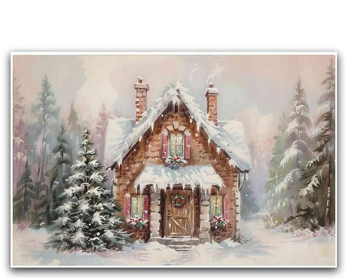 Snowy Cabin Wall Art Christmas Landscape Print Watercolor House Poster Festive Holiday Canvas Print Rustic Winter Scene Wall Decor Indoor Decor for Living Room Bedroom Kitchen Cabin Christmas Holiday
